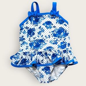 Girls Blue Floral Ruffle One-Piece Swimsuit